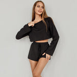 Women's Soft Knitted Short Pyjamas Midriff-baring Long Sleeve Suit Black