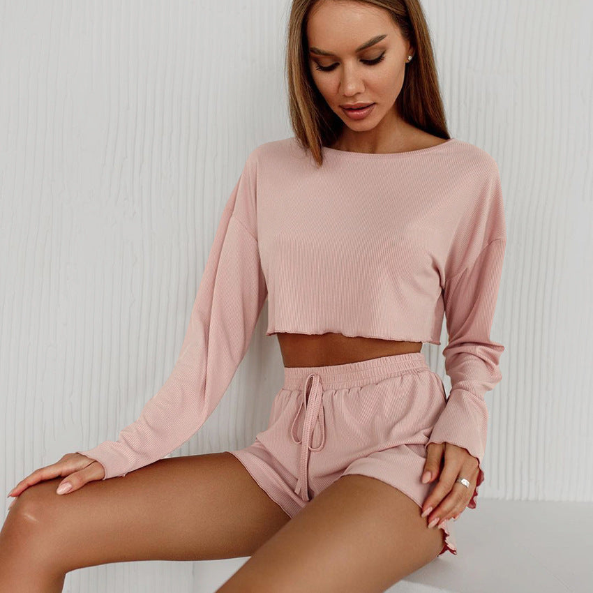 Women's Soft Knitted Short Pyjamas Midriff-baring Long Sleeve Suit Pink