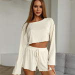 Women's Soft Knitted Short Pyjamas Midriff-baring Long Sleeve Suit White