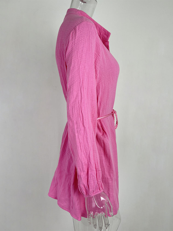 Women's Solid Colour Loose Waist Tie Button Lotus Leaf Day Dress