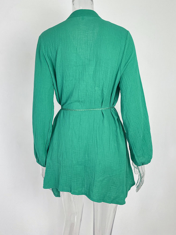 Women's Solid Colour Loose Waist Tie Button Lotus Leaf Day Dress