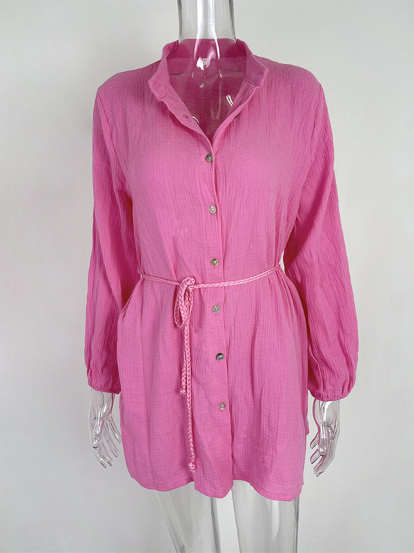 Women's Solid Colour Loose Waist Tie Button Lotus Leaf Day Dress