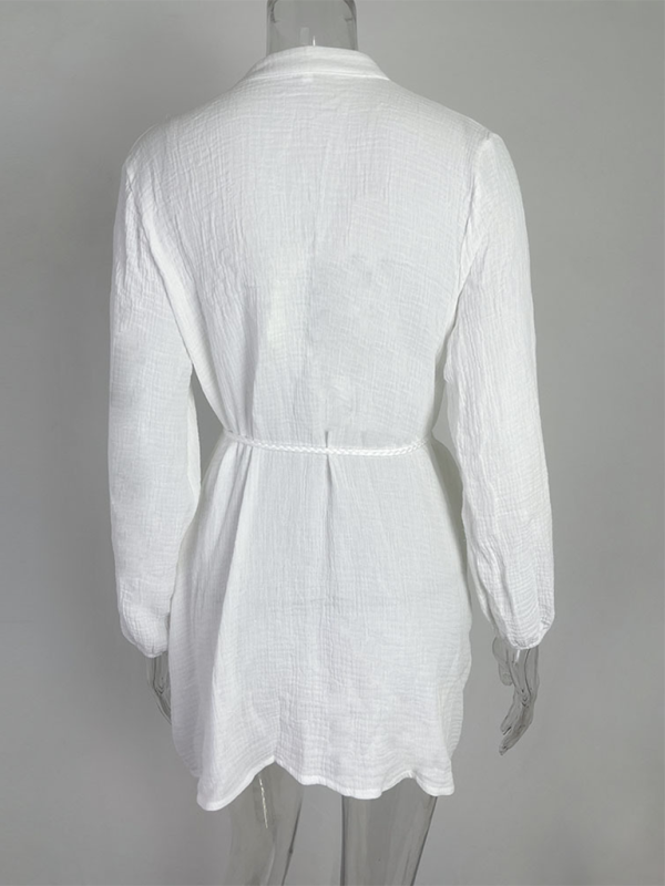 Women's Solid Colour Loose Waist Tie Button Lotus Leaf Day Dress