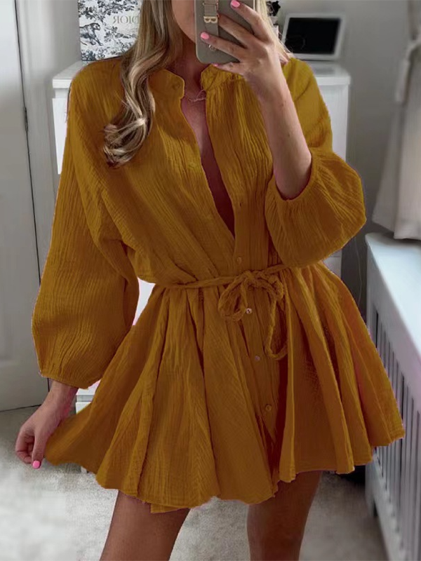 Women's Solid Colour Loose Waist Tie Button Lotus Leaf Day Dress Brown