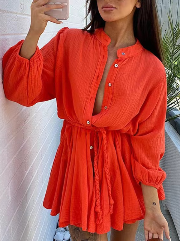 Women's Solid Colour Loose Waist Tie Button Lotus Leaf Day Dress Orange