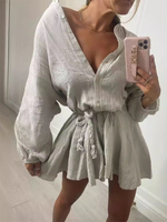 Women's Solid Colour Loose Waist Tie Button Lotus Leaf Day Dress Grey