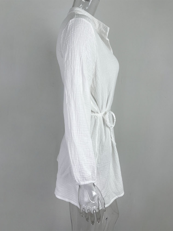 Women's Solid Colour Loose Waist Tie Button Lotus Leaf Day Dress