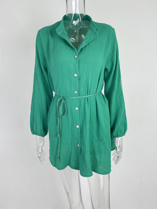 Women's Solid Colour Loose Waist Tie Button Lotus Leaf Day Dress