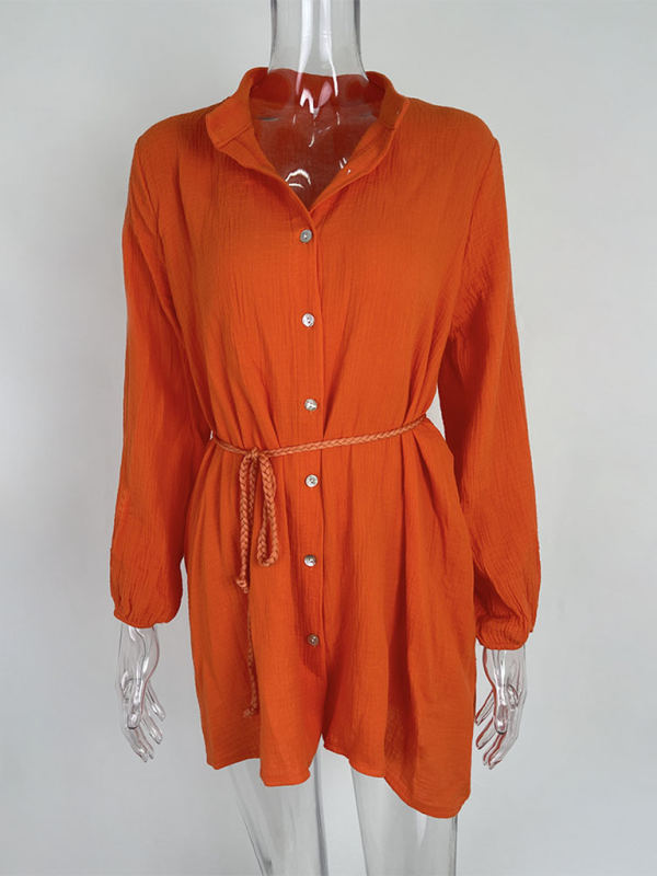 Women's Solid Colour Loose Waist Tie Button Lotus Leaf Day Dress