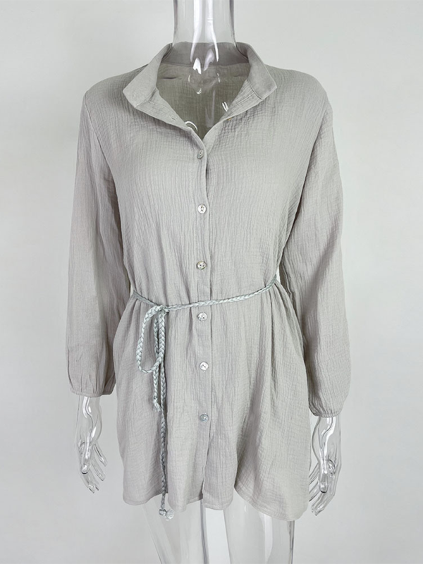 Women's Solid Colour Loose Waist Tie Button Lotus Leaf Day Dress