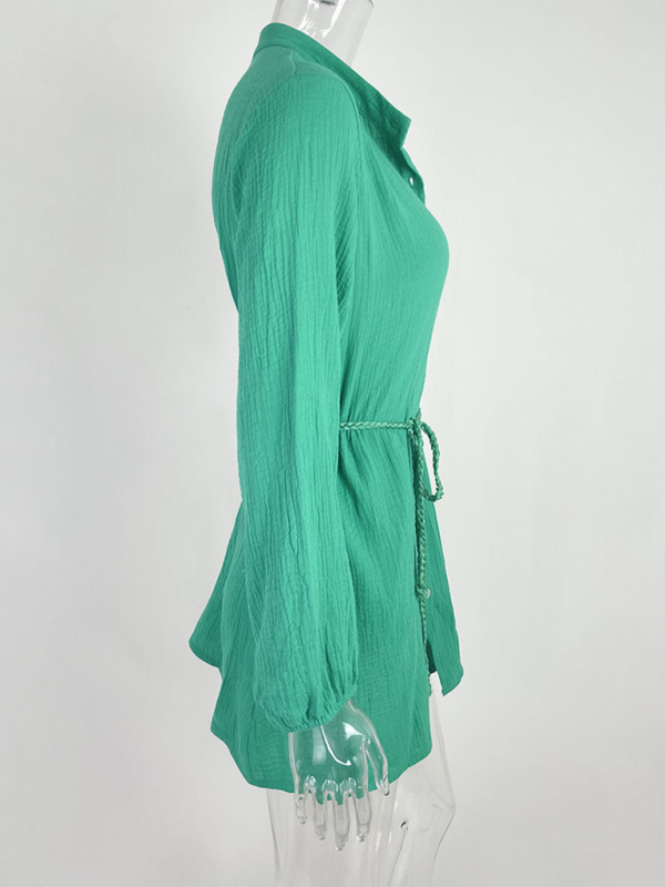 Women's Solid Colour Loose Waist Tie Button Lotus Leaf Day Dress