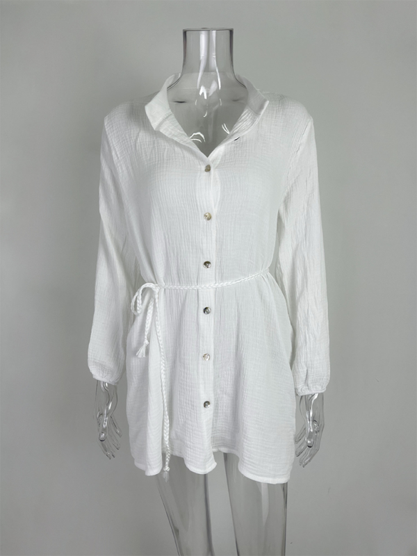 Women's Solid Colour Loose Waist Tie Button Lotus Leaf Day Dress