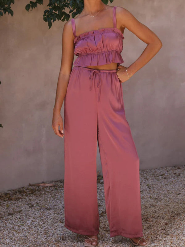 Women's Strap Top Wide-leg Pants Trouser & Top Co-ord Set Purple