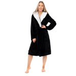 Daisy Dreamer Plush Fleece Hooded Robe - Soft Velvet Winter Dressing Gown BLACK SHERPA HOOD