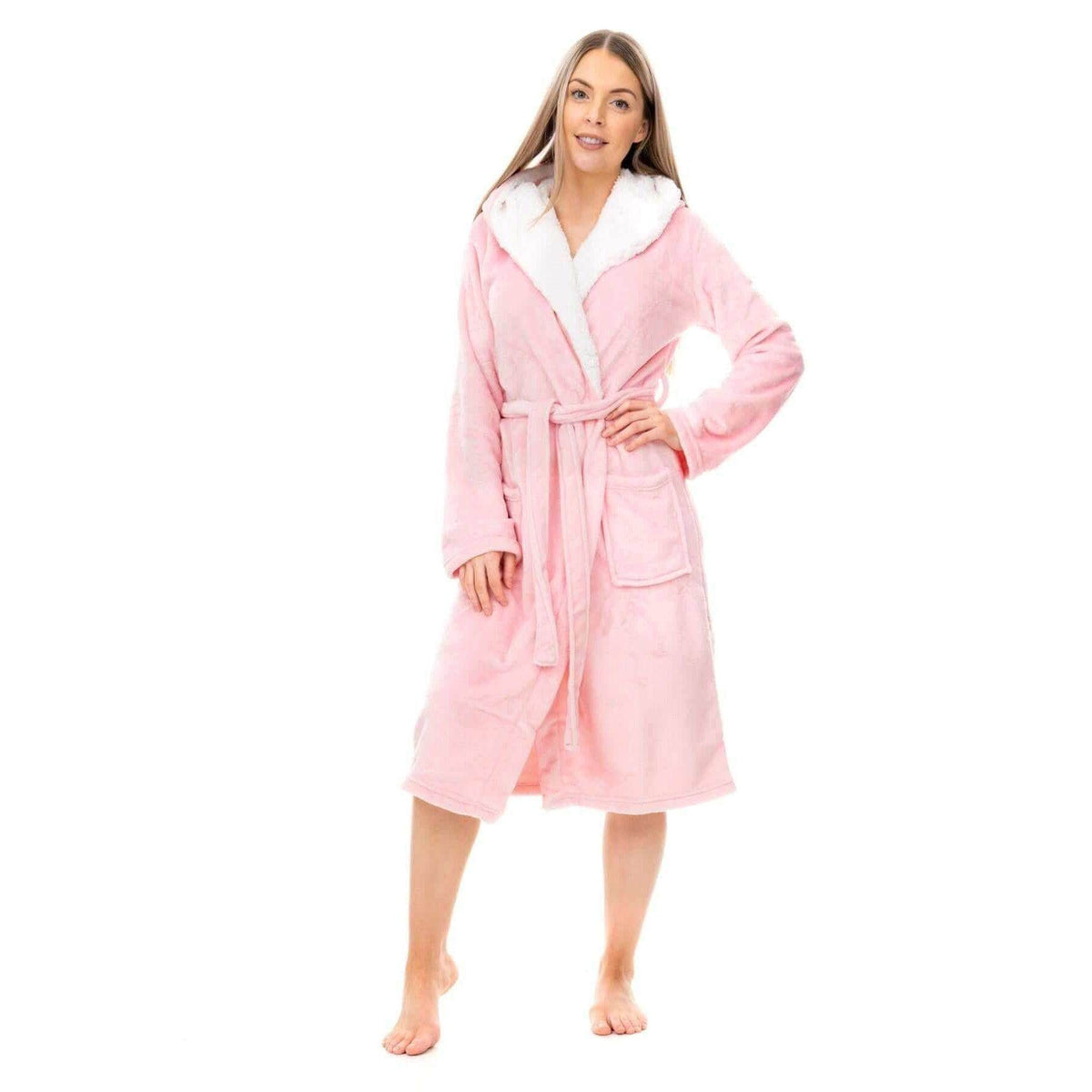 Daisy Dreamer Plush Fleece Hooded Robe - Soft Velvet Winter Dressing Gown PINK SHERPA HOOD