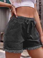 Womens Elastic Waist Drawstring Casual High Waist Raw Edge Denim Shorts