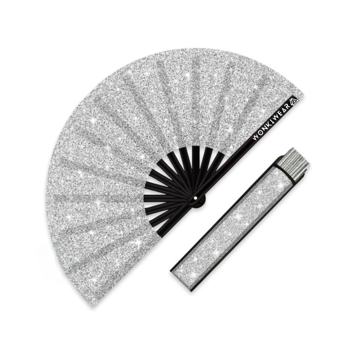 XL Festival Handheld Fan - Glitter, Sumptuous Silver with matching Leg Holster in