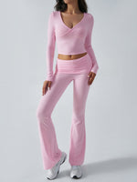 Yoga Wear Slim Fit Sports Knit Long Sleeve Pants Two-Piece Loungewear Set Pink