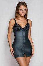 YesX Zippy Black Faux Leather & Lace Sexy Short Dress