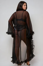 YesX Plus Size Sexy Mesh Ruffled Long Robe Black