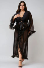 YesX Plus Size Sexy Mesh Ruffled Long Robe Black