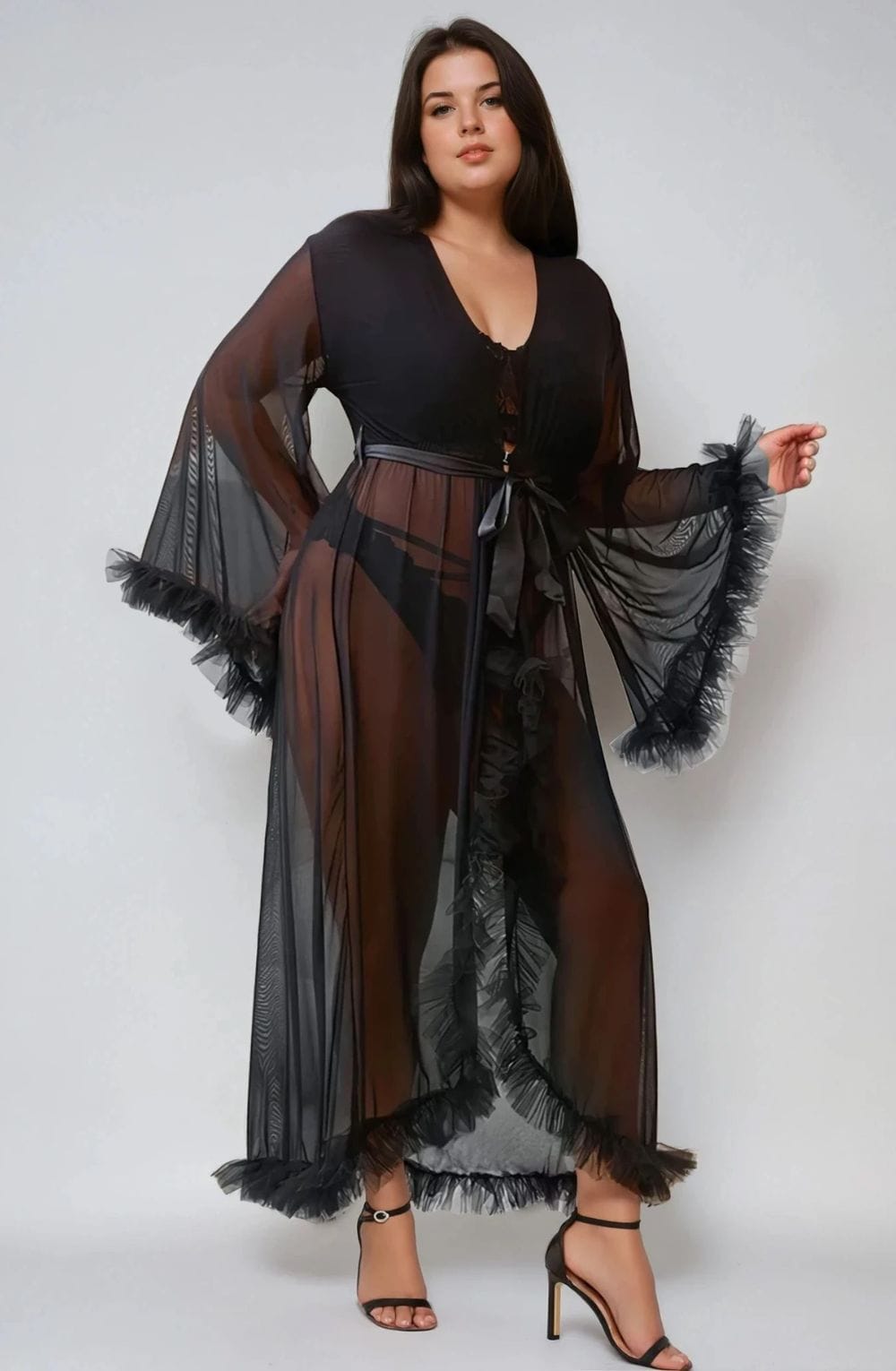 YesX Plus Size Sexy Mesh Ruffled Long Robe Black