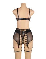 YesX Three Piece Mesh Bra Lingerie Set Black