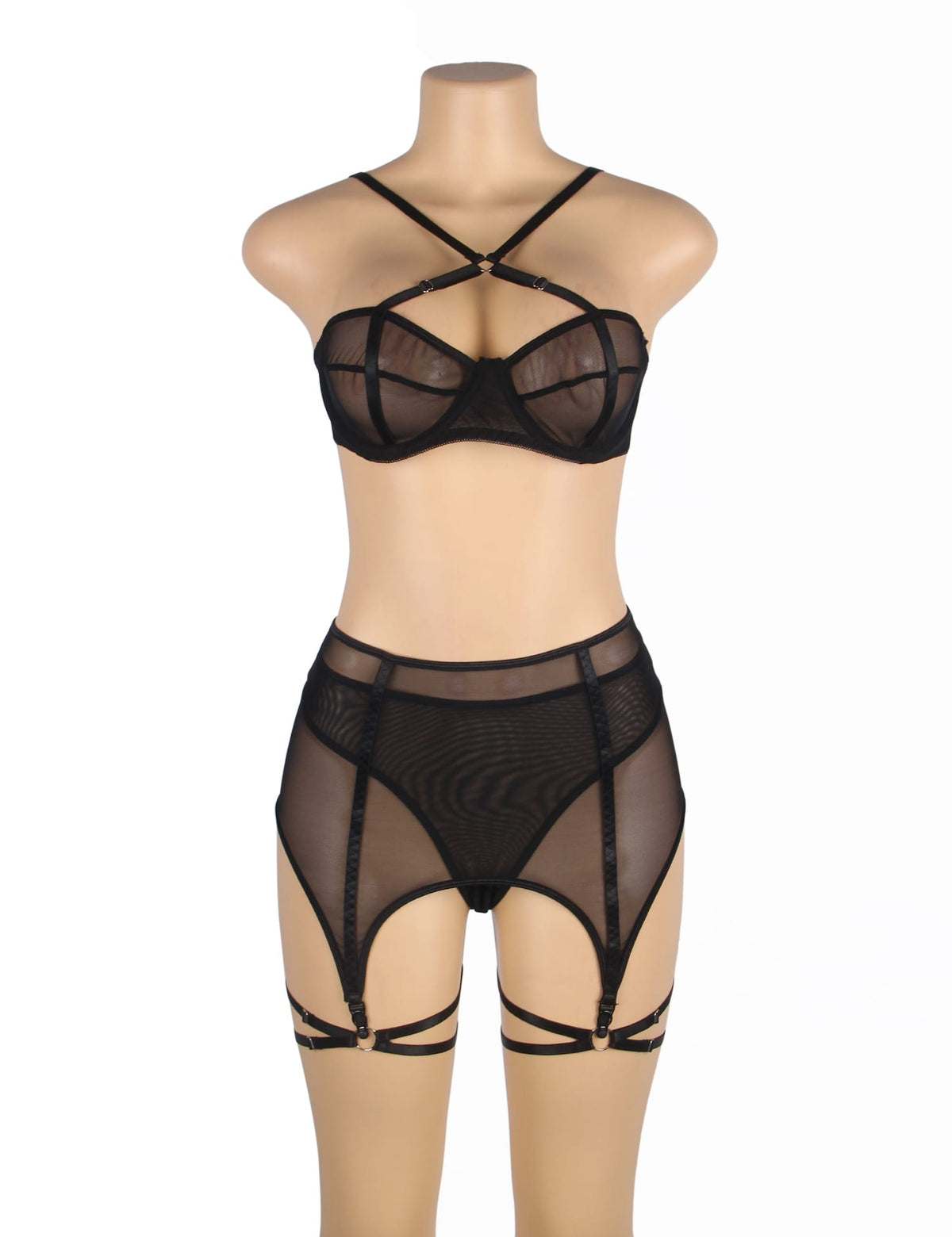 YesX Three Piece Mesh Bra Lingerie Set Black