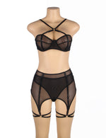 YesX Three Piece Mesh Bra Lingerie Set Black