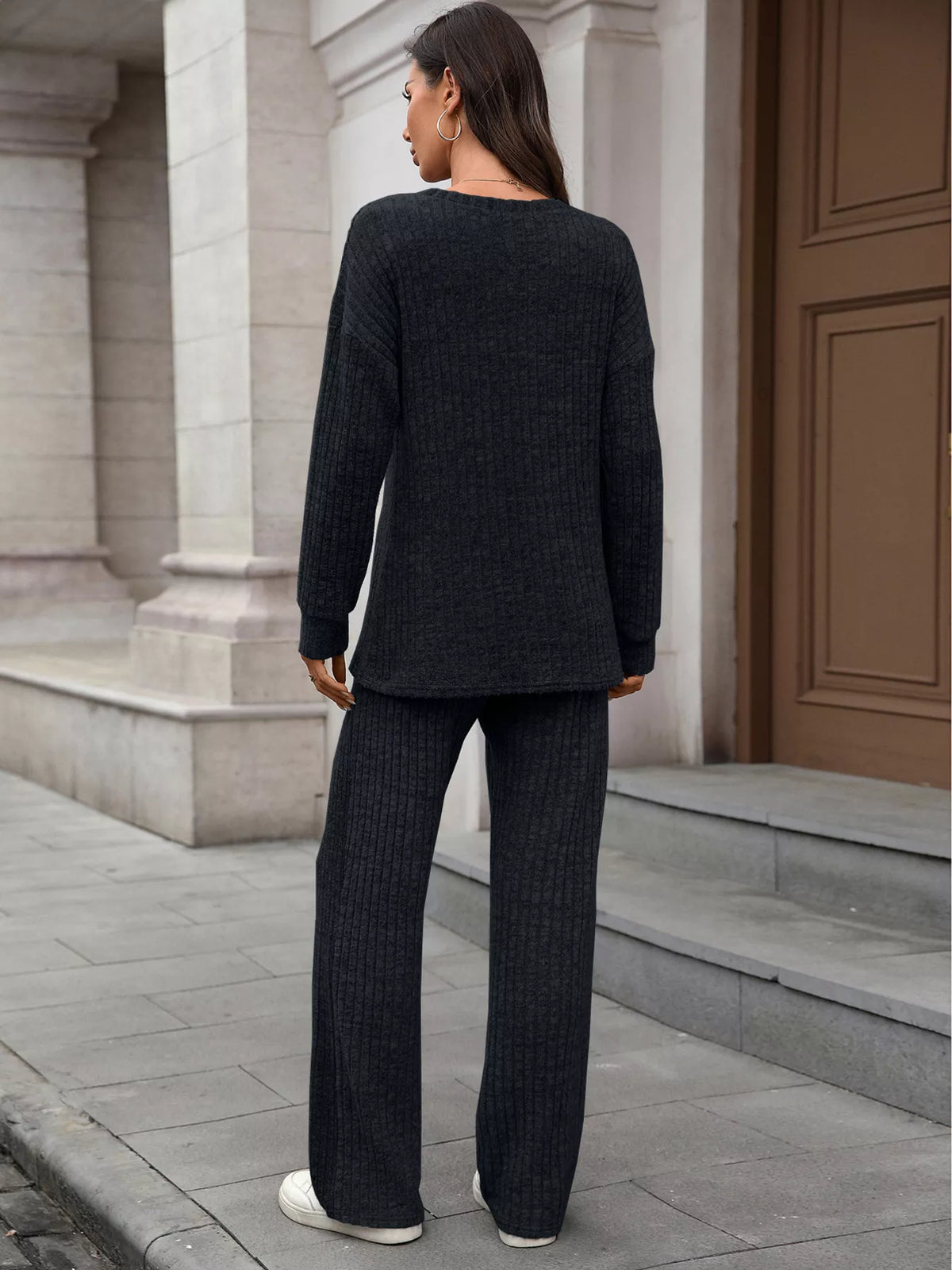 Ribbed Round Neck Top and Pants Two-piece Loungewear Set