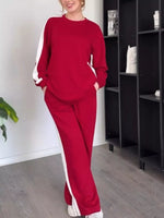 Full Size Contrast Round Neck Top and Pants Loungewear Set
