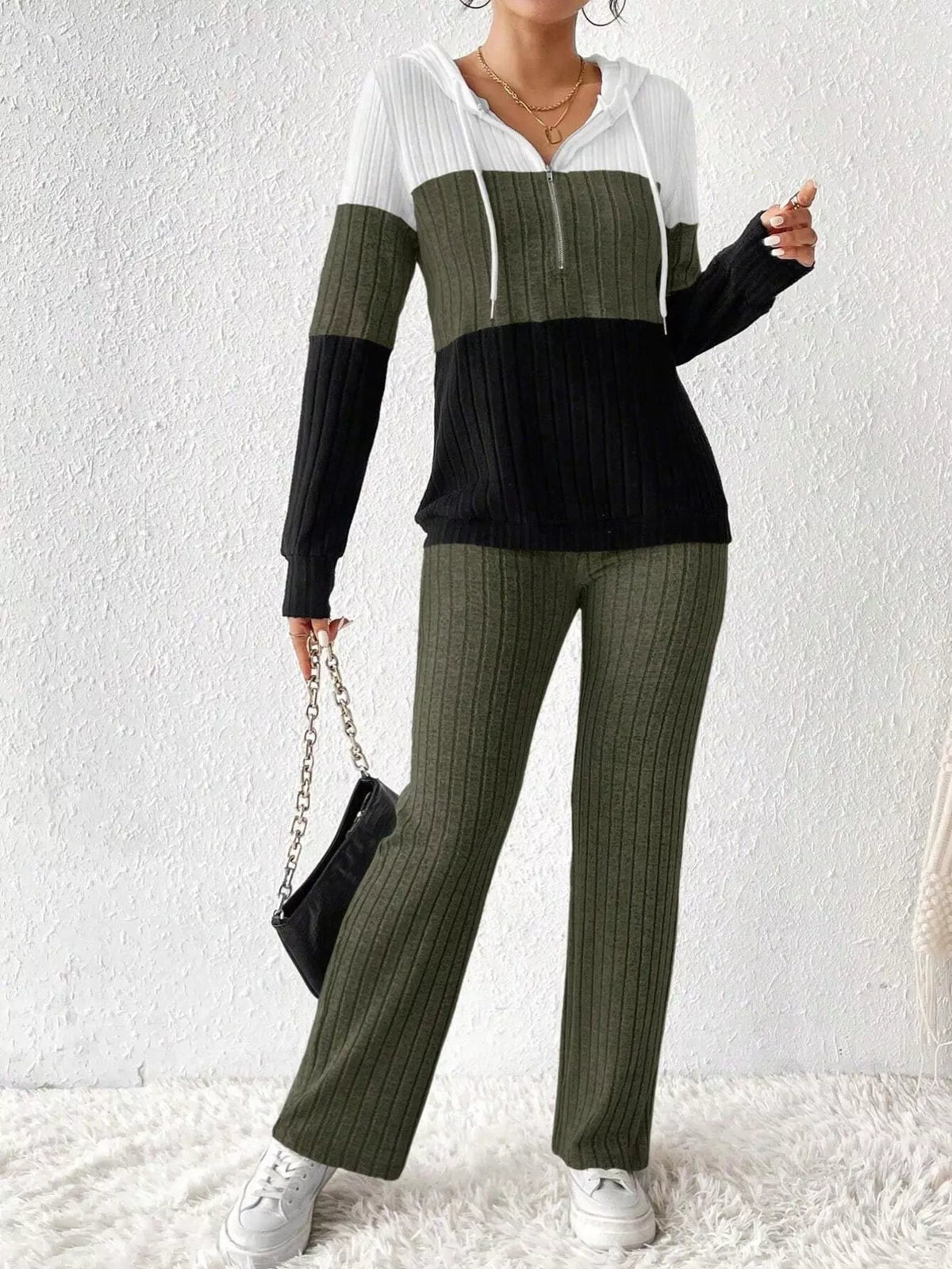 Color Block Half Zip Hooded Top and Pants Loungewear Set