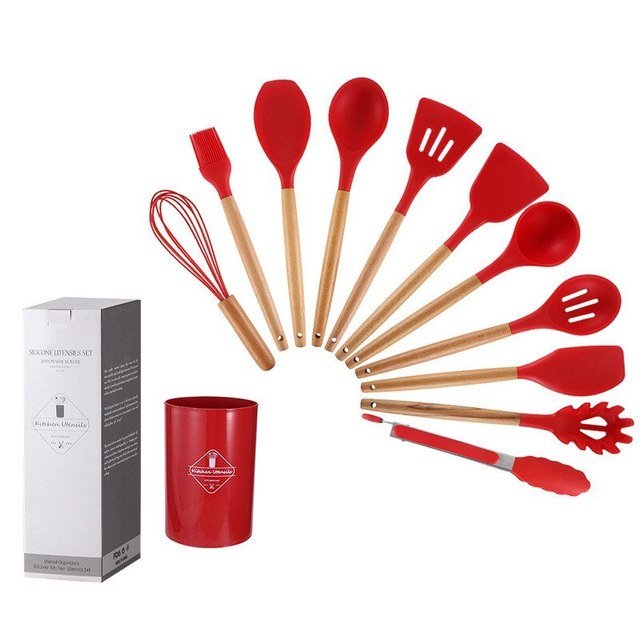 12 Piece Kitchen Utensil Pot Non Stick Silicone Red 12PCS