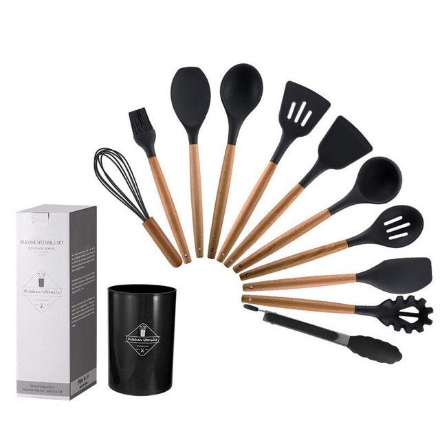 12 Piece Kitchen Utensil Pot Non Stick Silicone Black 12PCS
