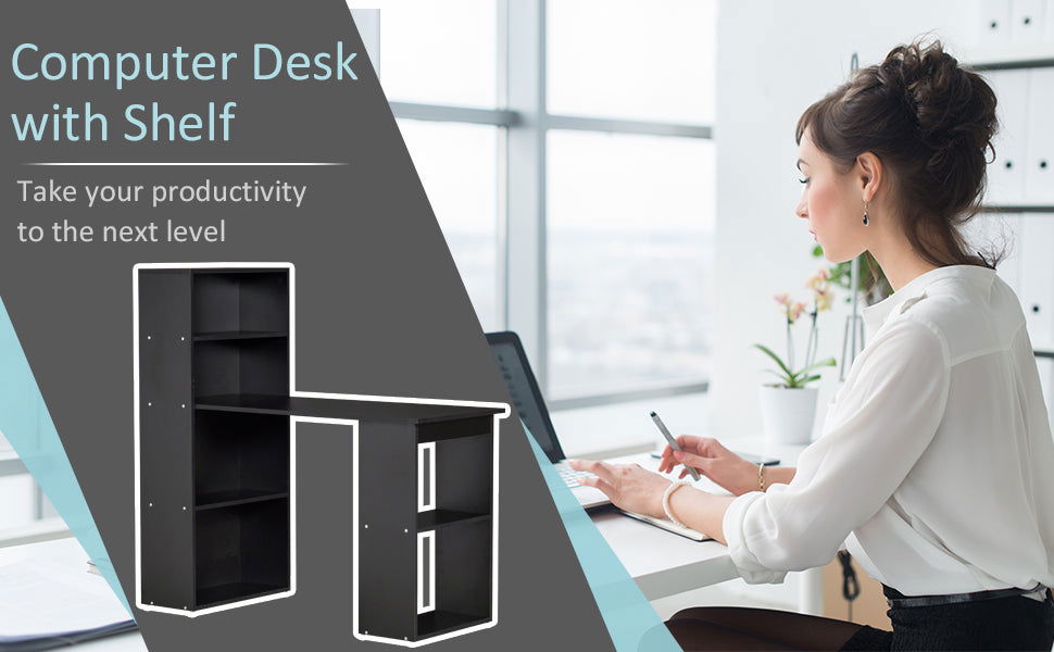 120cm Modern Computer Desk Bookshelf Study Table Workstation PC Laptop Writing Home Office 6 Shelves Black
