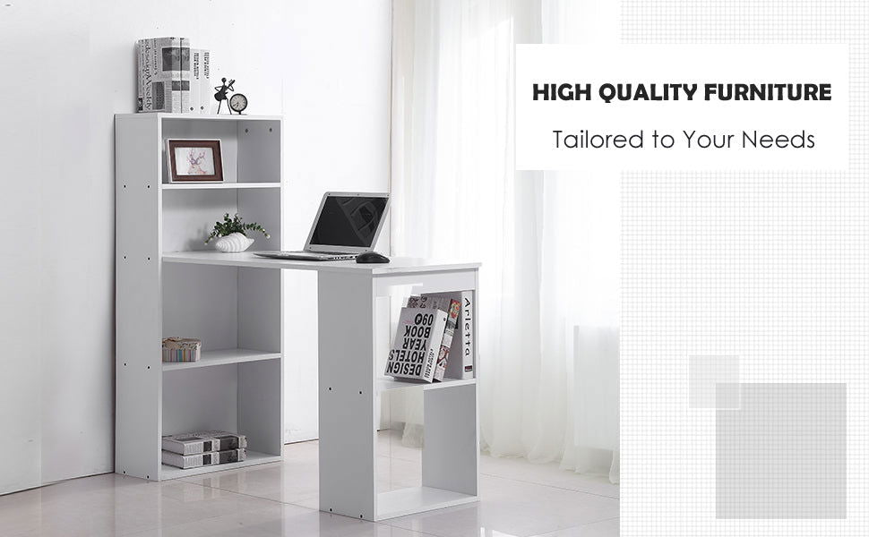 120cm Modern Computer Desk Bookshelf Study Table Workstation PC Laptop Writing Home Office 6 Shelves White