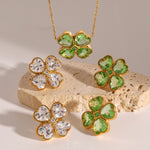 18K Gold Four-Leaf Clover Inlaid Gemstone Earrings & Necklace Set