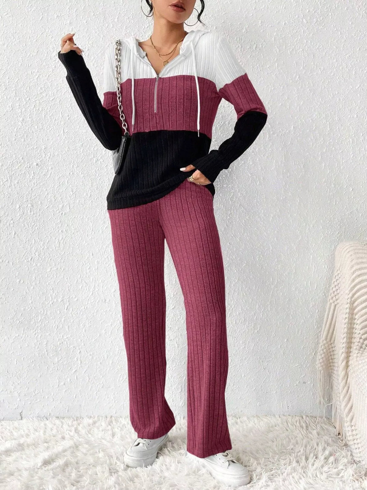 Color Block Half Zip Hooded Top and Pants Loungewear Set