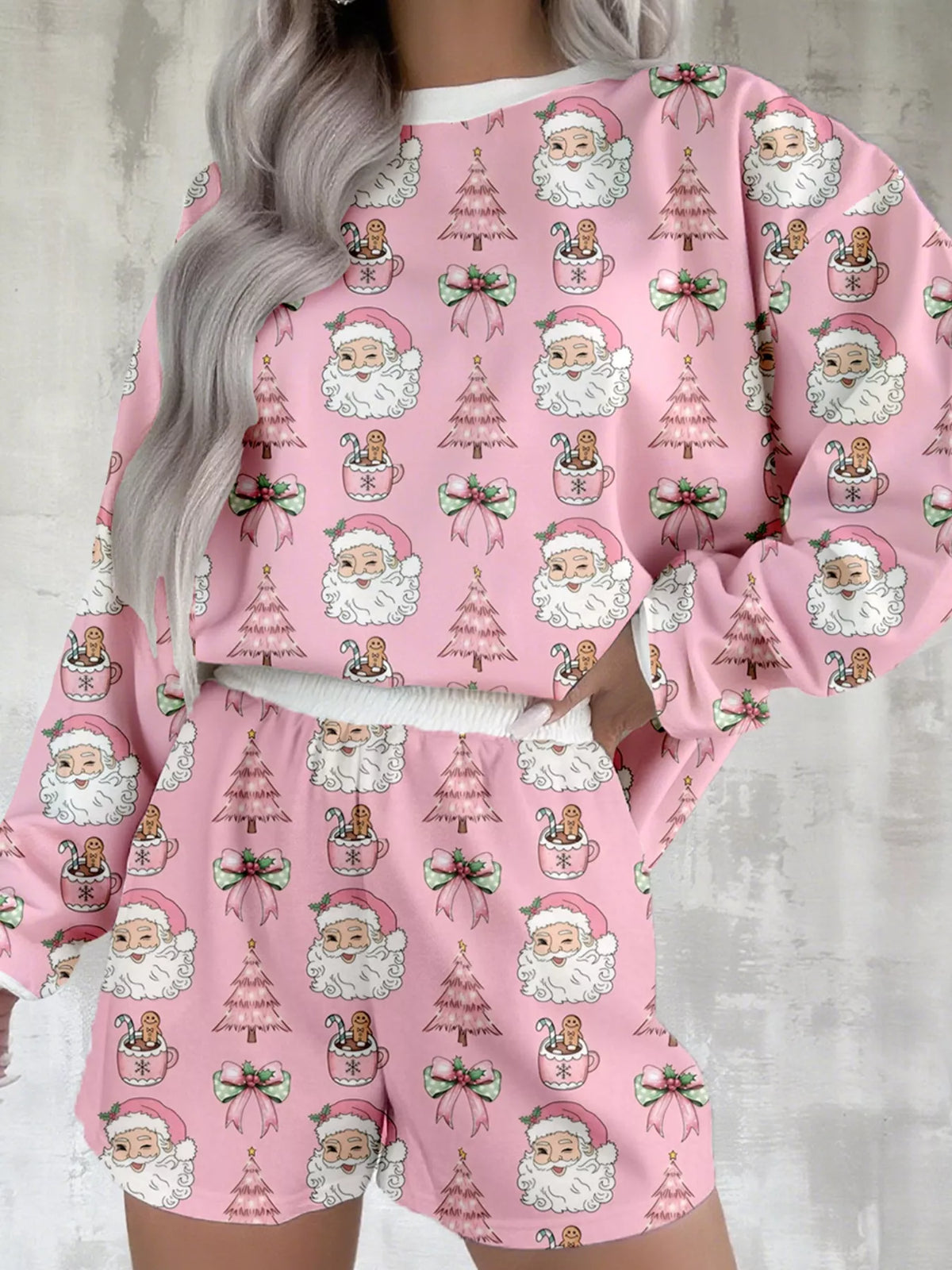 Christmas Santa Print Round Neck Top and Shorts Two Piece Loungewear Set Dusty Pink