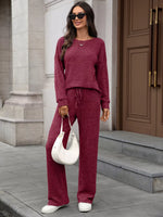 Ribbed Round Neck Top and Pants Two-piece Loungewear Set Burgundy