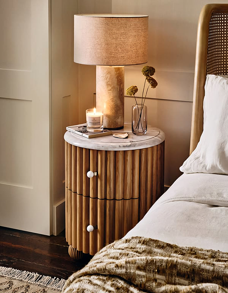 Ava Luxe Round Bedside Table, Marble White