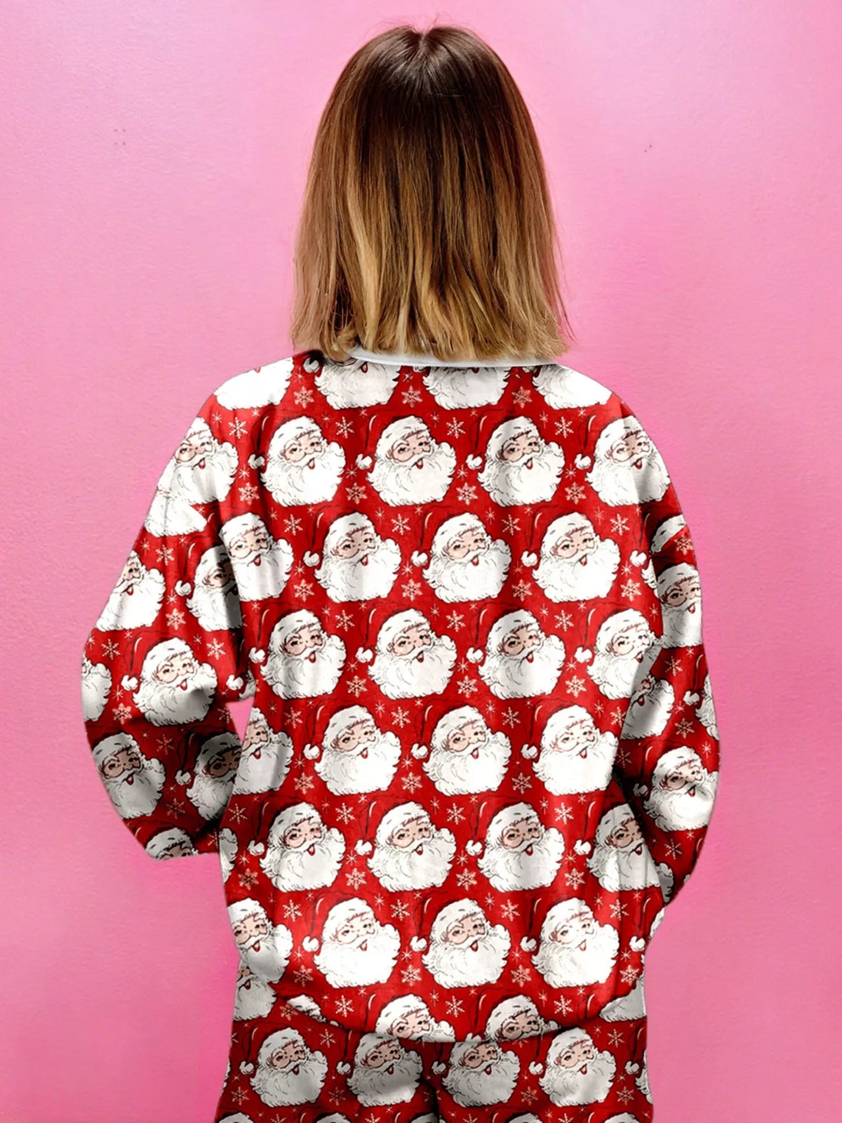 Christmas Santa Print Round Neck Top and Shorts Two Piece Loungewear Set