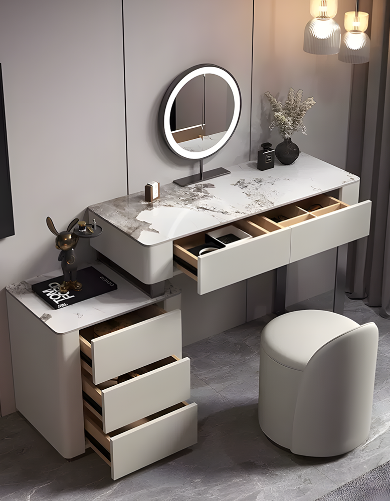 Paulina Modern Dressing Table Mirror With Drawers & LED Light, Solid Wood