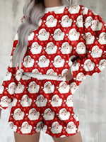 Christmas Santa Print Round Neck Top and Shorts Two Piece Loungewear Set