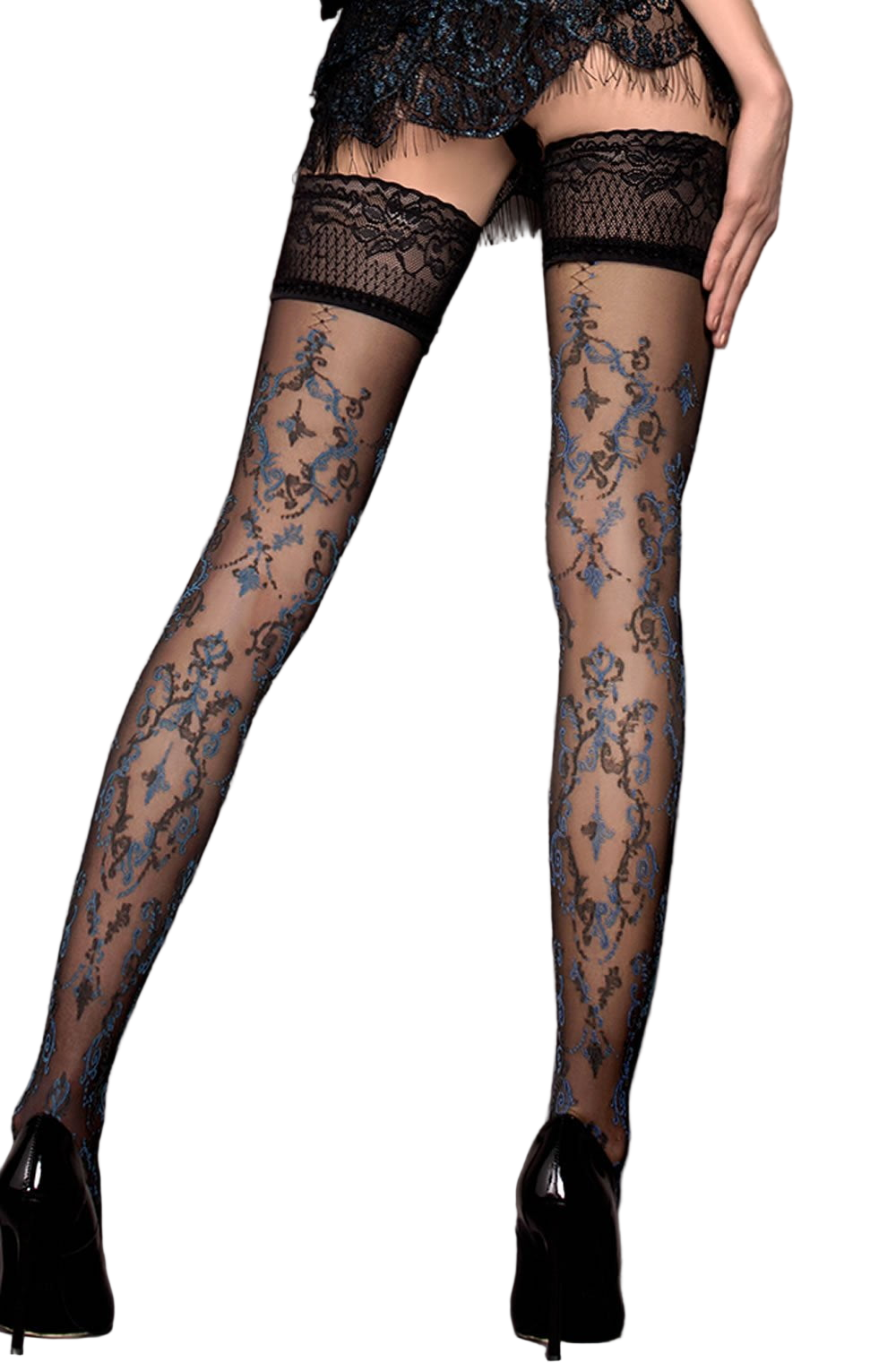 Ballerina Lace Tops Hold Ups Nero Black & Striking Blue Detail