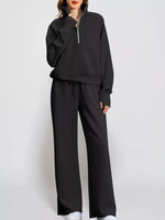 Half-Zip Sweatshirt and Wide-Leg Pants Two-piece Loungewear Set Black