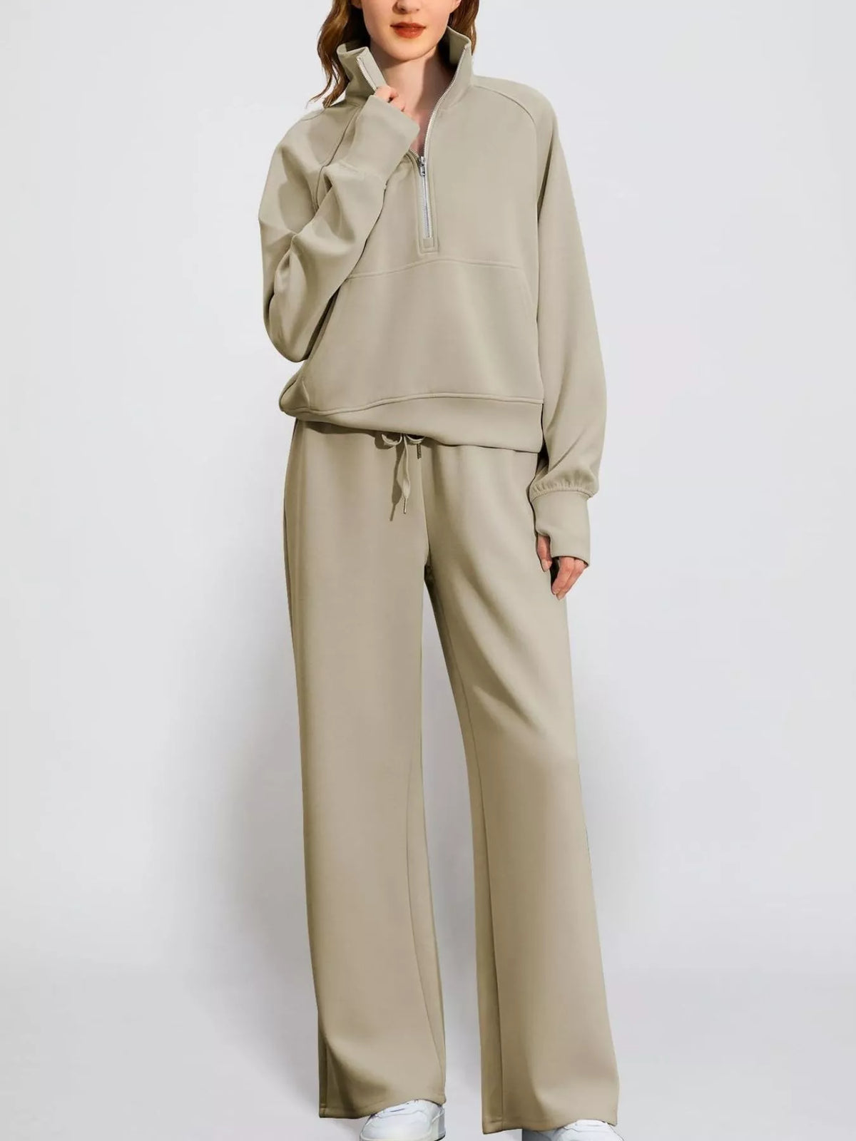 Half-Zip Sweatshirt and Wide-Leg Pants Two-piece Loungewear Set 浅卡其色