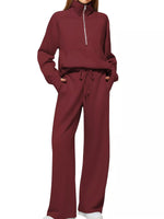Half-Zip Sweatshirt and Wide-Leg Pants Two-piece Loungewear Set Burgundy