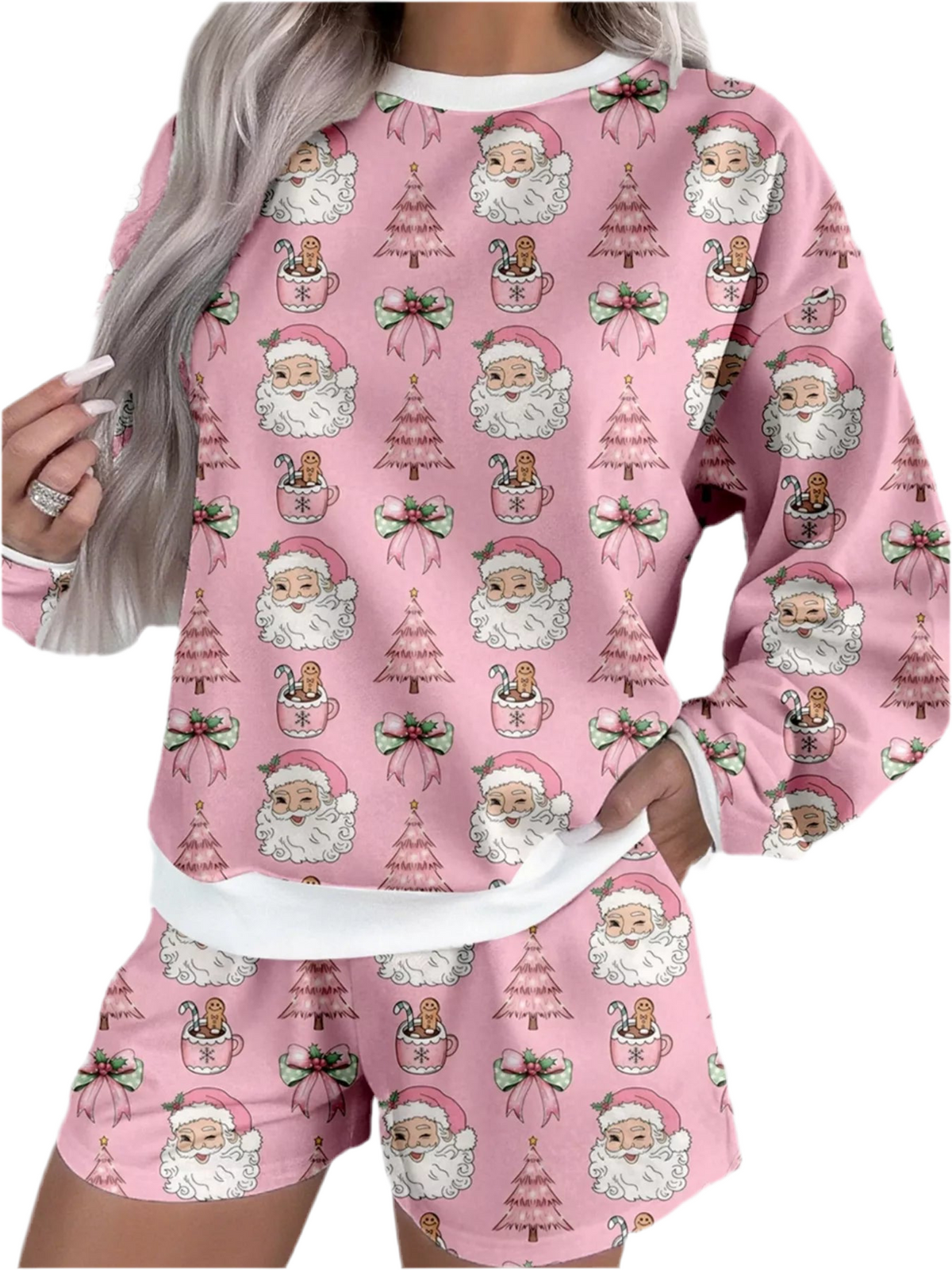 Christmas Santa Print Round Neck Top and Shorts Two Piece Loungewear Set