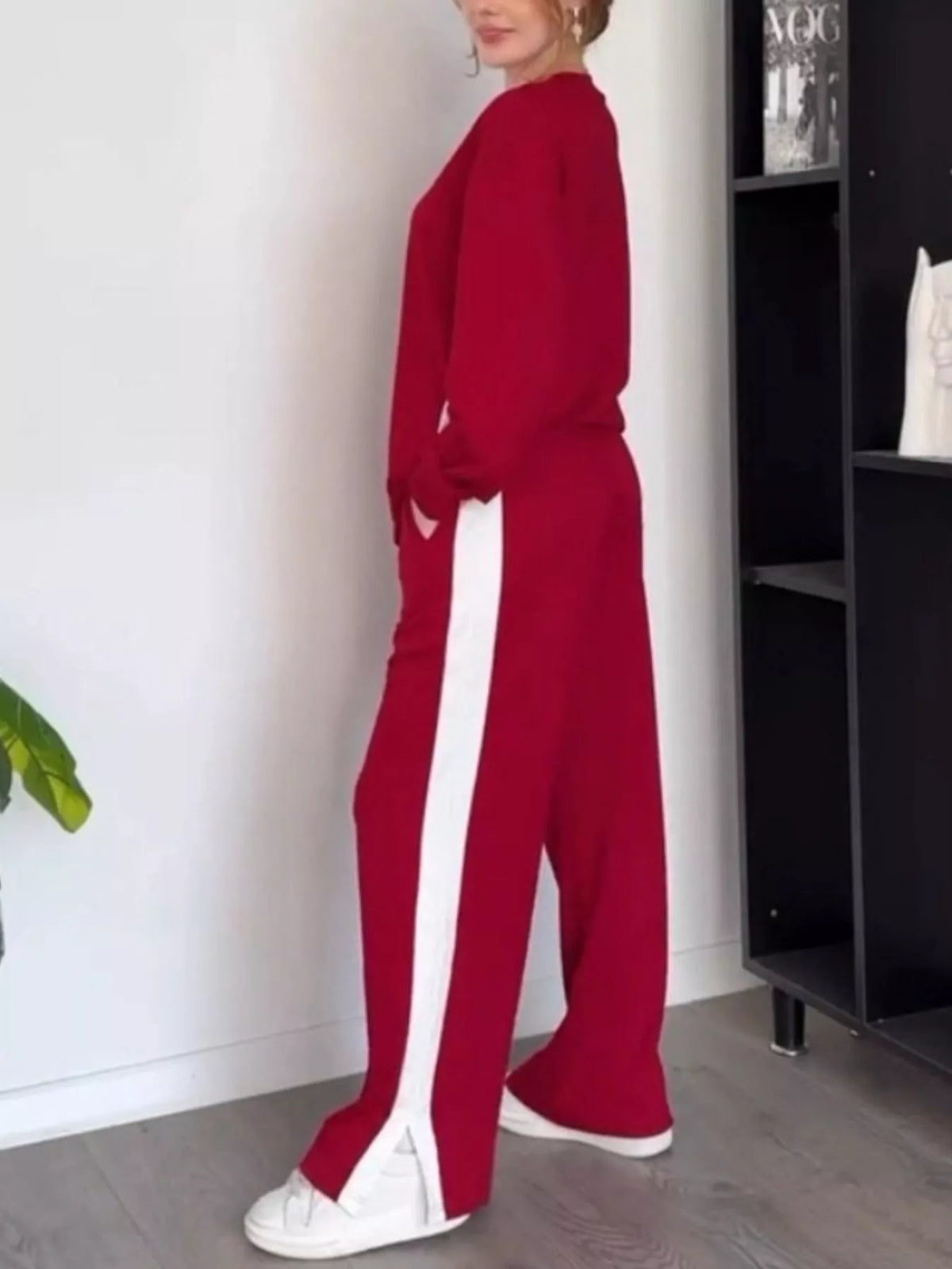 Full Size Contrast Round Neck Top and Pants Loungewear Set